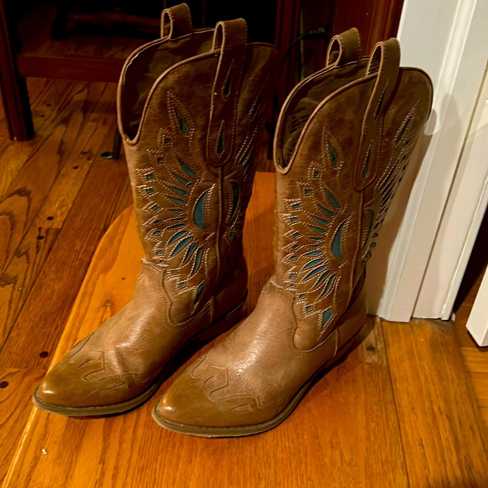 Size 7, Women’s Cowboy Boots 👢, Leather, Tan & Blue